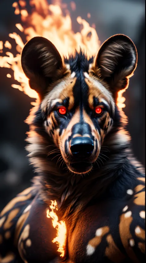 (best quality,16k,32k,highres,masterpiece:1.2),ultra-detailed,(realistic,photorealistic,photo-realistic:1.37),(The ultimate Orochi african wild dog) glowing red eyes realistic fire background of totally destroyed mountain alone looking at the camera serious expression.