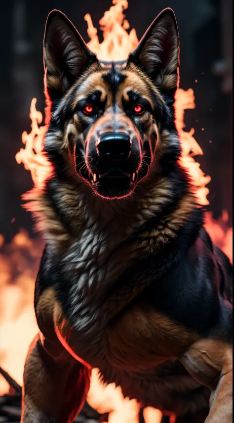 (best quality,16k,32k,highres,masterpiece:1.2),ultra-detailed,(realistic,photorealistic,photo-realistic:1.37),(The ultimate Orochi German Shepherd) glowing red eyes realistic fire background of totally destroyed Zoo alone looking at the camera serious expression.