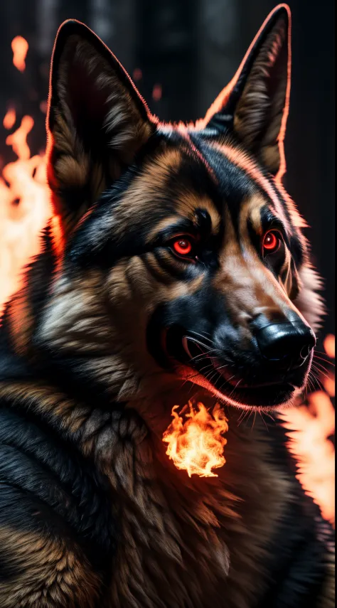 (best quality,16k,32k,highres,masterpiece:1.2),ultra-detailed,(realistic,photorealistic,photo-realistic:1.37),(The ultimate Orochi German Shepherd) glowing red eyes realistic fire background of totally destroyed Zoo alone looking at the camera serious expression.