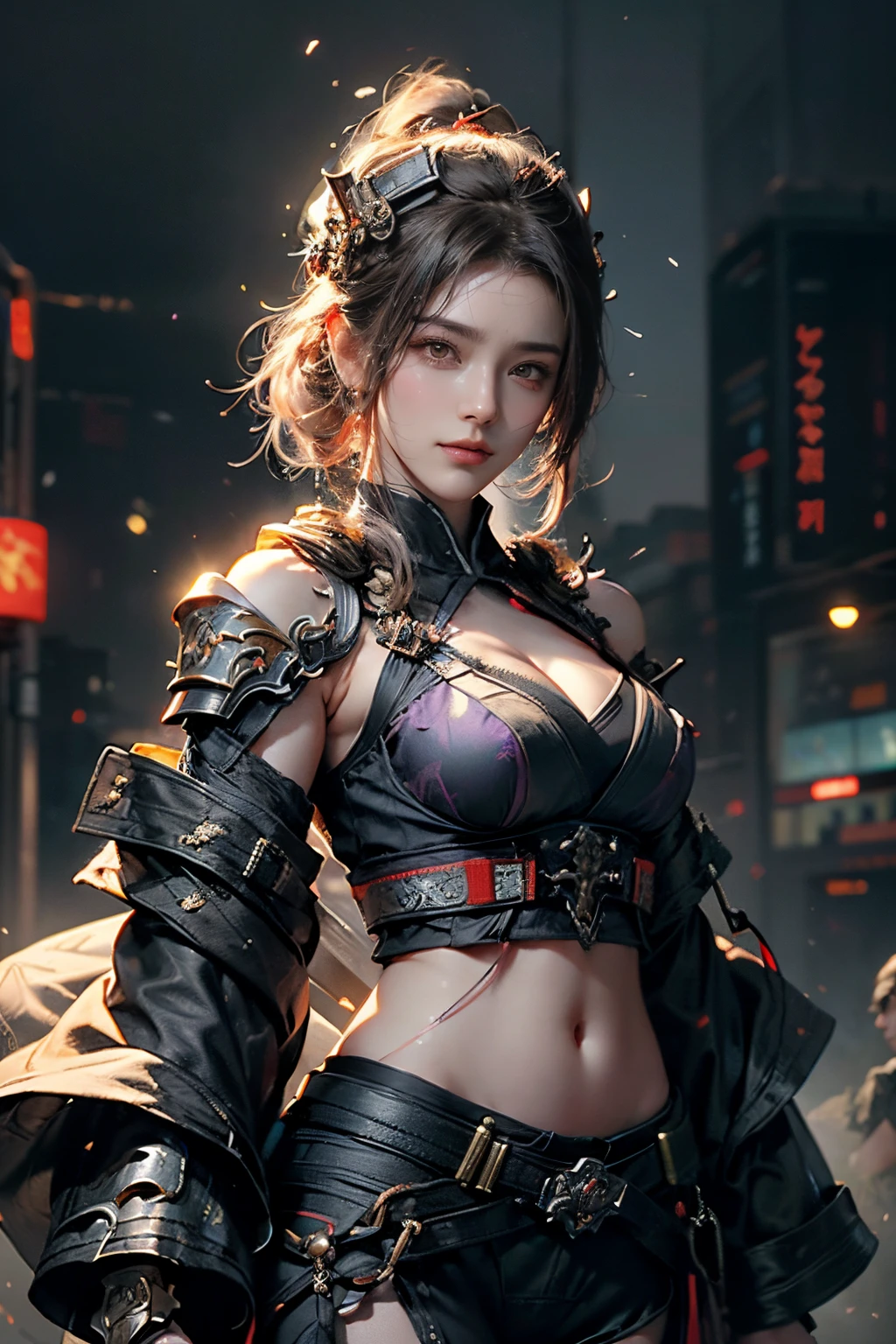 high high quality,A high resolution,masterpiece,8K,(Hyperrealistic photos),(Portrait),digital photography,(Reality:1.4),20-year-old girl,exquisite facial features,a purple eye,Red Eyeshadow,((Chinese warrior in cyberpunk style)),Random hairstyles,(red tinted hair),Big breasts,Cleavage,(Cyberpunk combat suit that mixes sci-fi and ancient style,Openwork design,Metal shoulder pads,complex clothing patterns,Bamboo hat),(Show navel),Keep your mouth shut,Frowning,ssmile,Cold and serious,extremely detailed expression,realistic detail,Light magic,Photo pose,oc render reflection texture