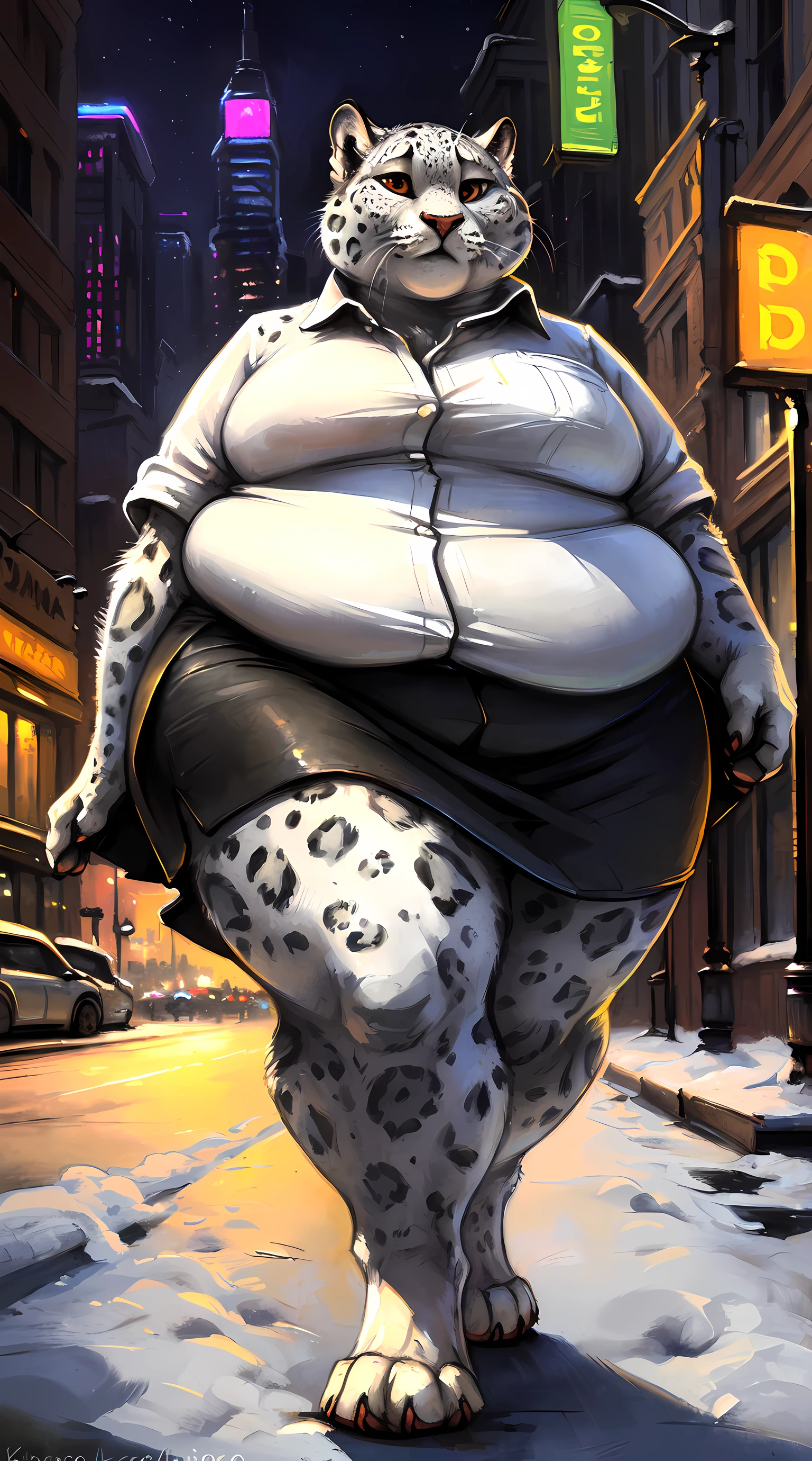 solo, ((snow leopard)), ((obese female:1.6)), feral, ((pudgy belly, huge belly, huge thighs)), (unfit, out of shape, small breasts), paws, 4 toes, four toes, [4 fingers, four fingers], (digitigrade), whiskers, glamour, ((tight skirt, pencil skirt, long shirt, white collared shirt, tight clothes, straining buttons, too tight shirt, outgrown shirt, low rise skirt, evening, city, walking, strolling, neon, lights, dark)), detailed background, masterpiece, best quality, detailed, realistic, (morbidly obese, symmetrical), (feline, pantherine), ((by kenket, by siroc, by inno-sjoa, by carrot,)), clear eyes, detailed eyes, (symmetrical eyes,) tail, (full length portrait, fullbody)