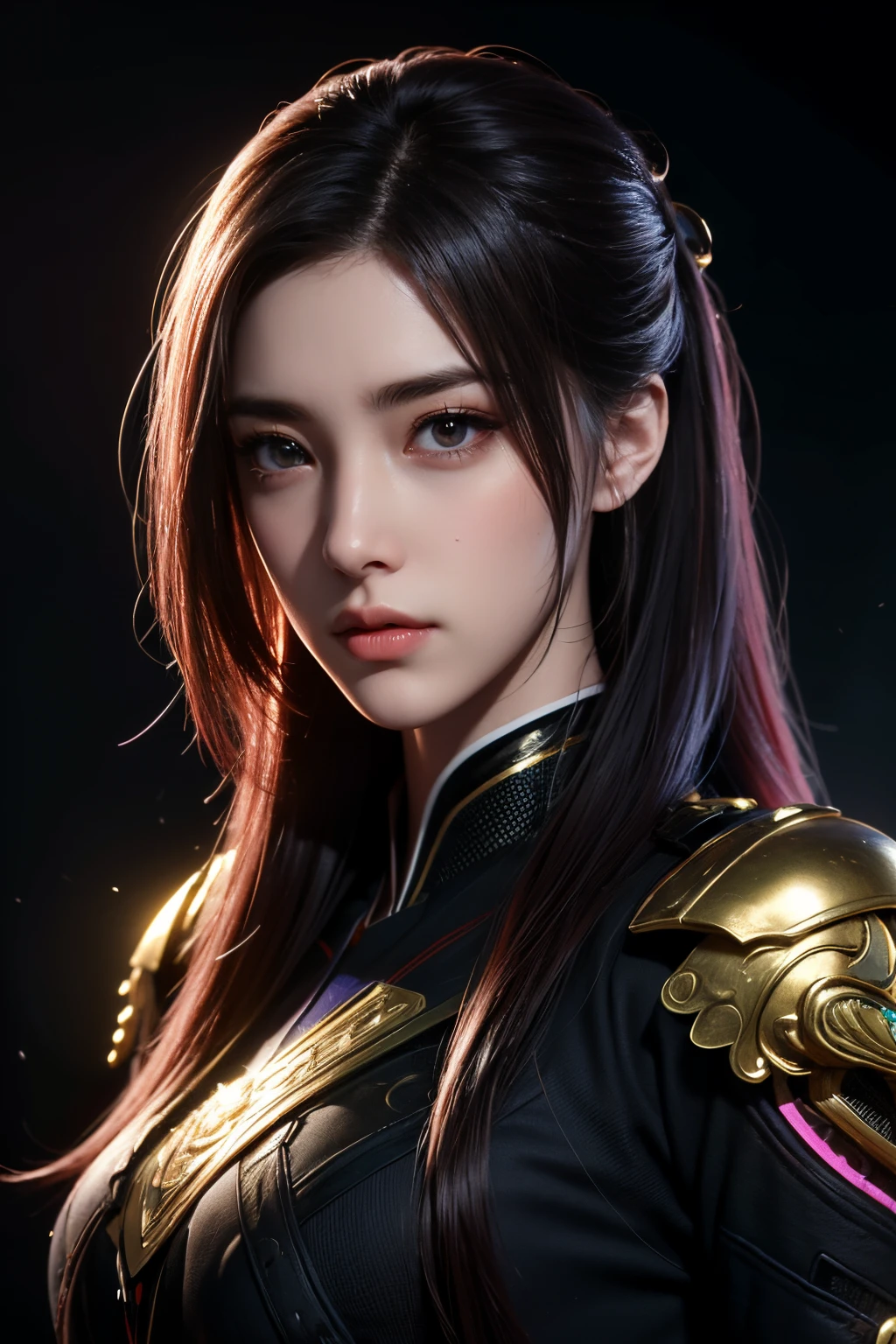 high high quality,A high resolution,tmasterpiece,8K,(hyperrealistic photo),(sportrait),digital photography,(Reality:1.4),20-year-old girl,exquisite facial features,a purple eye,Red Eyeshadow,((Cyberpunk style)),Random hairstyle colorless hair),,(,Combat uniforms,Openwork design,shoulder pads,Intricate clothing patterns,Beautiful badge),shut up,scowling,ssmile,Cold and serious,Extremely meticulous expression,Authentic details,Light magic,Photo pose,oc render reflection texture