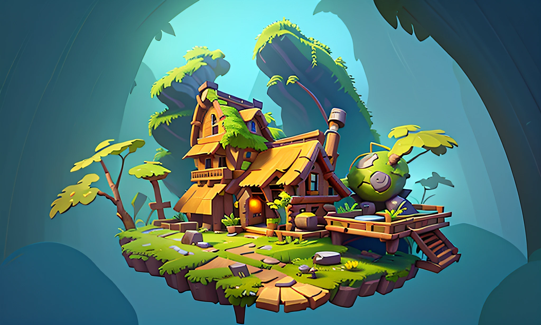 Single building, Game single scene construction，Cottage in the woods，it  surrounded by plants，rays of sunshine，natural color，stylized concept art, Depicted as game concept art, luminescent concept art, very coherent stylized artwork, Unreal Engine Digital Painting, high detal. digitial painting,  3d concept art, concept-art, concept-art, Complex concept art painting