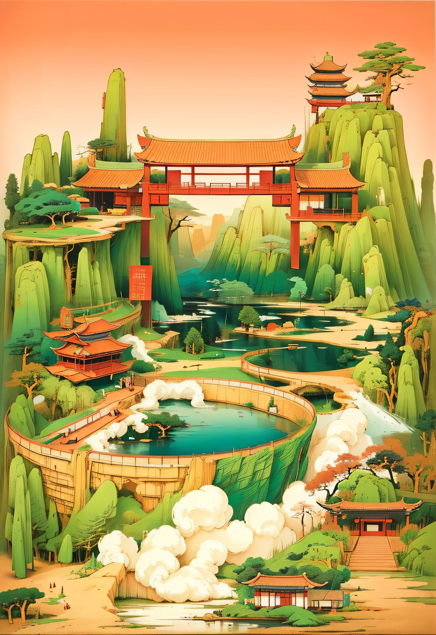 ((tmasterpiece)), ((nice), (high detal), (actual,)) China landscape mountain, ​​clouds, ​​clouds, lake, surface, bowl, Gate, ladder, pylons, wine altars, steamboat, florals, bamboos, ancient buildings, Chinese style architecture, Chinese traditional trend style, illustratio, Soft style and dreamy atmosphere, Bochen, photorealistic technology, Meticulous technology,  big breasts and big breasts , zen aesthetic, Illustration poster design, Graphic design, Beautiful ancient Chinese architecture, ​​clouds, blossoms, water flowing, Abstract illustration, rim-light, dream, fanciful, Vector line drawing, Surreal