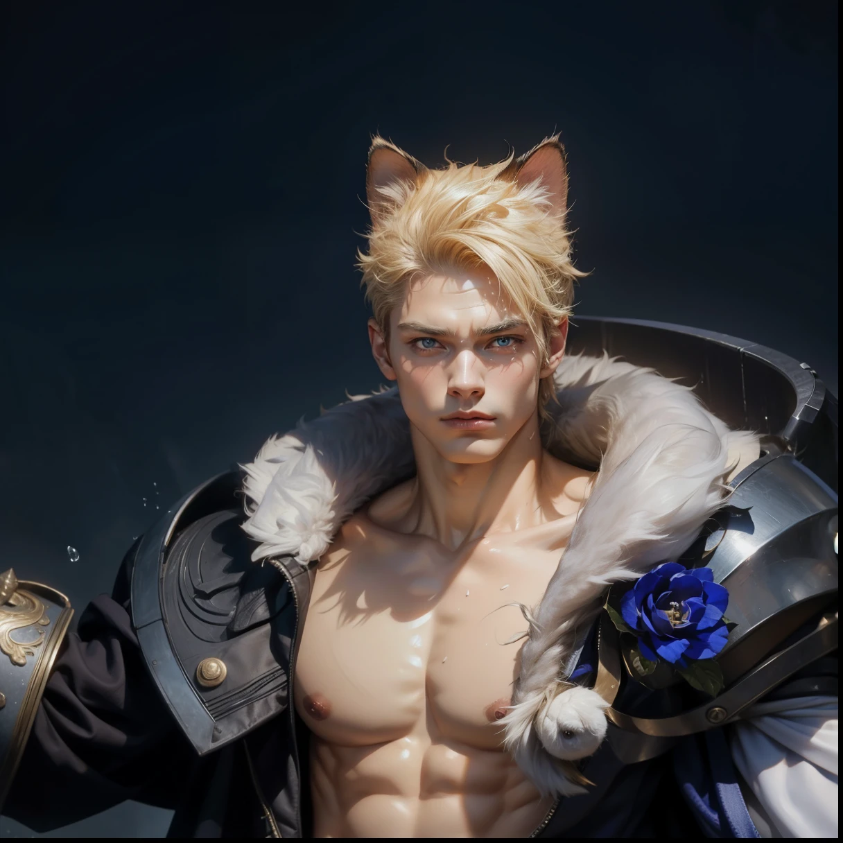 maximum resolution: 1.2), (Ultra HDTV: 1.2), 8K resolution, Eye and skin details, face details, , (Sharp focus: 1, 2), (Precise focuacial expressions: 1,2), 1 Yes guy, Blonde hair, Cat ears, Sword in hand, (Naked), Natural skin, No hair, Perfect muscles, 6 pack, Sweat on his belly and chest, transparent white briefs