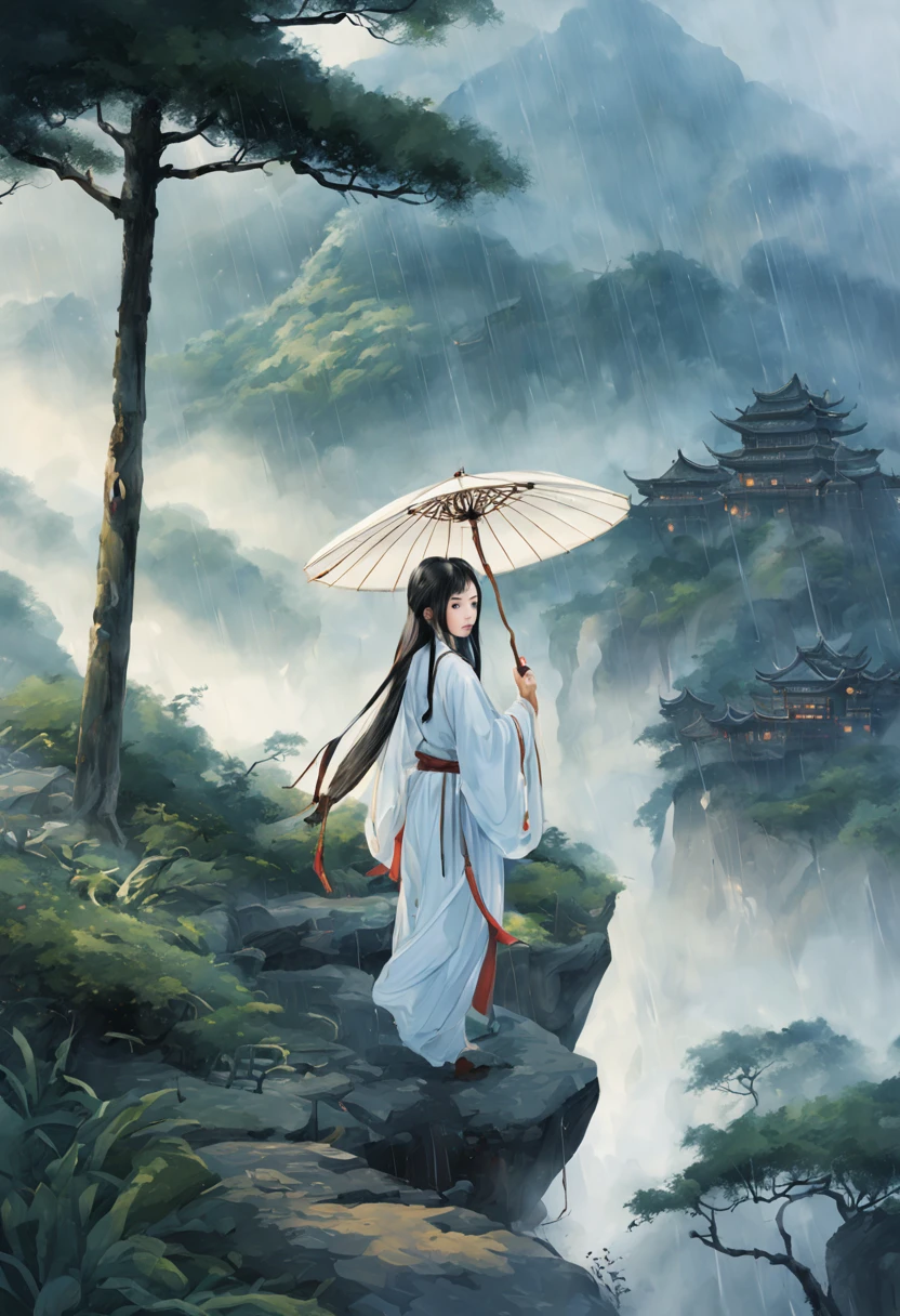 ancient china, girl with long hair, white clothing, umbrella in her hand, rain, forest, summer, mountain, misty