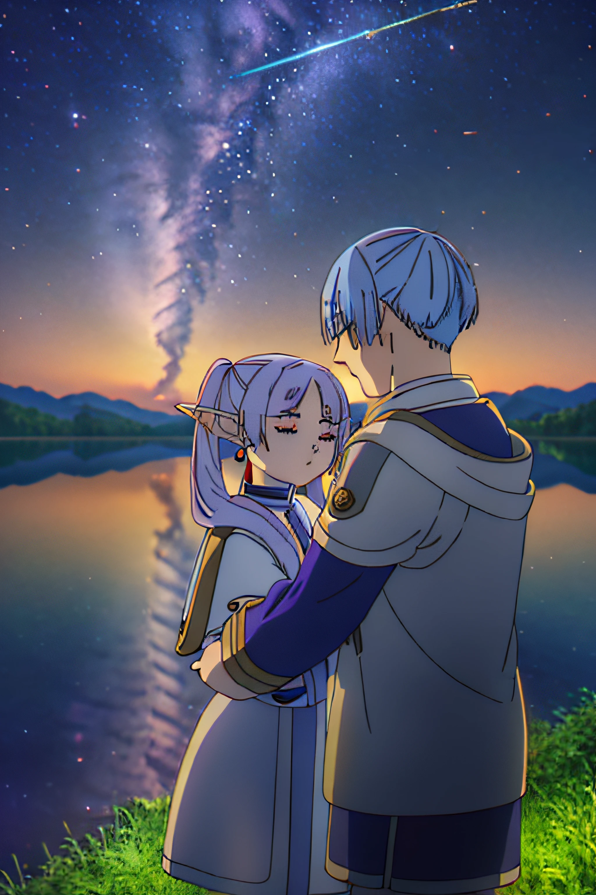 ((氷結)) そして ((天国)) ハグ, キスしようとしている, 湖の前で, 夜間, 流星群, (傑作, 最高品質, 高解像度, 高解像度:1.4), (天国 has bowl cut, 青い髪, 白いケープ, 青いジャケット), (氷結 has twintails, 紫色の髪, ストライプシャツ, 長袖, 赤いイヤリング, 白いケープlet, エルフの尖った耳).