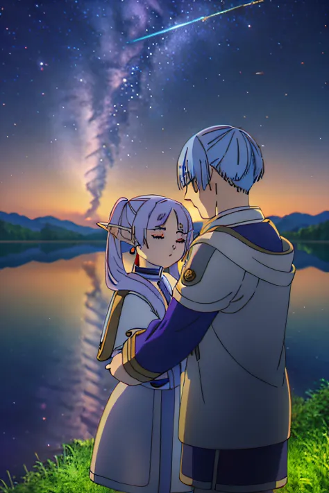 ((frieren)) and ((Himmel)) hugging, about to kiss, in front of a lake, nighttime, meteor shower, (Masterpiece, Best Quality, HDR...