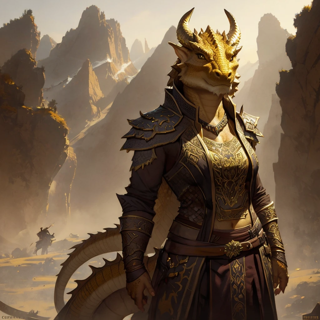 Brass dragonborn, female, horns, solo portrait, scales, tail - SeaArt AI