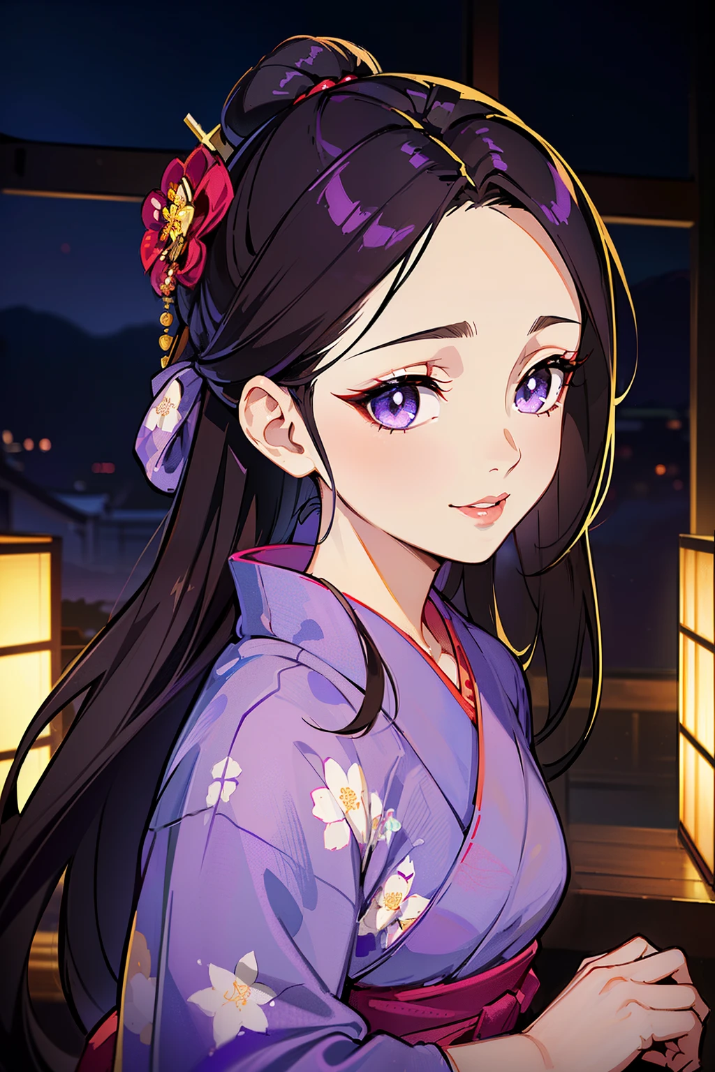 (high-quality, breathtaking),(expressive eyes, perfect face) (((yukata, sexy lips)), 1girl, female, solo, young adult, dark brown hair, purple coloured eyes, stylised hair, gentle smile, long length hair, loose hair, side bangs, tied up, japanese clothing, elegant, soft make up, hair pin accessory in hair, demon slayer art style