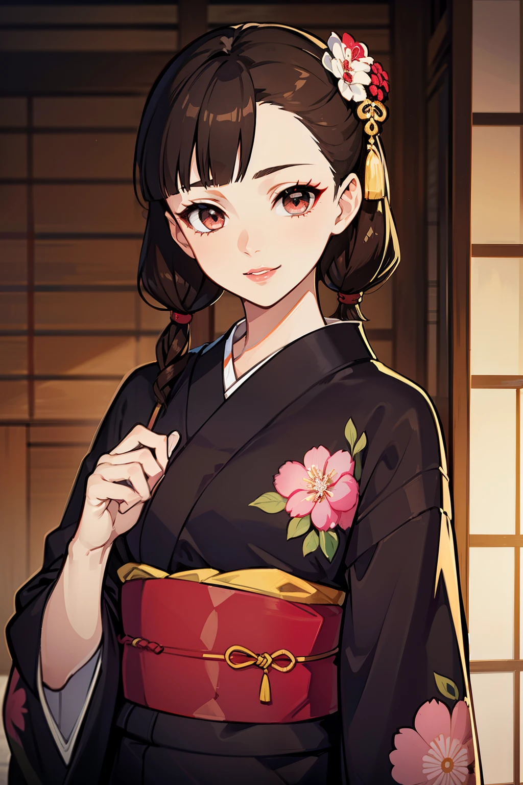 (high-quality, breathtaking),(expressive eyes, perfect face) (((yukata, sexy lips)), 1girl, female, solo, young adult, brown hair, black coloured eyes, stylised hair, gentle smile, short length hair, loose hair, side bangs, tied up, japanese clothing, elegant, soft make up, hair pin accessory in hair, pigtails, demon slayer art style