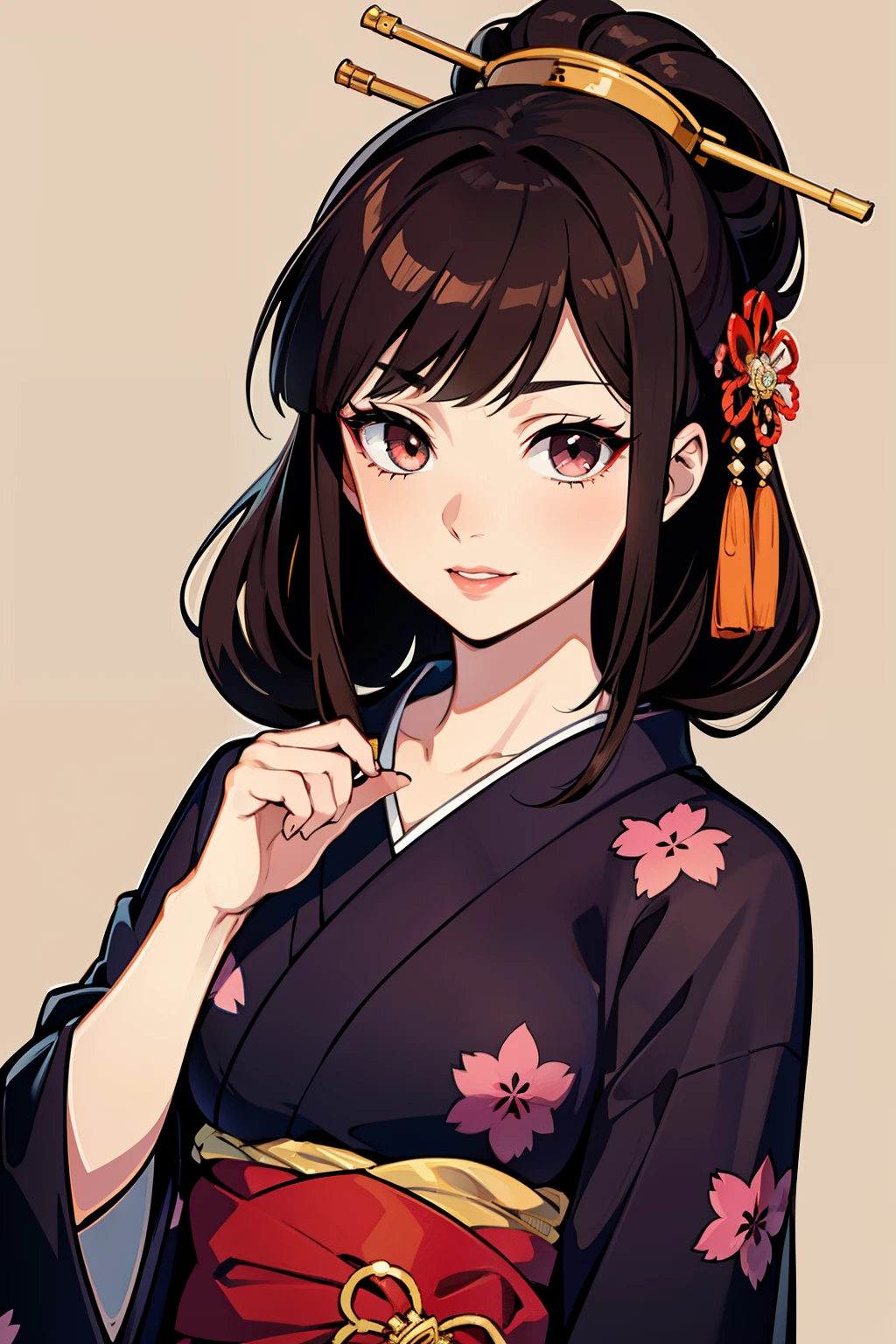 (high-quality, breathtaking),(expressive eyes, perfect face) (((yukata, sexy lips)), 1girl, female, solo, young adult, brown hair, black coloured eyes, stylised hair, gentle smile, medium length hair, loose hair, side bangs, tied up, japanese clothing, elegant, soft make up, hair pin accessory in hair, oiran, demon slayer art style