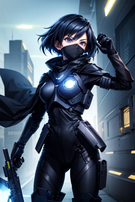 Anime,female,cyborg,blindfold,blue night vision goggles, holster, black gloves, utility belt,black cape, blue hair,exo suit,armo...