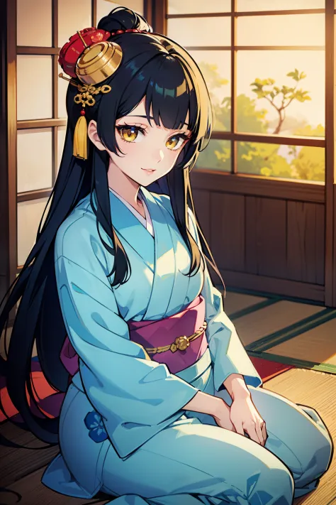 (high-quality, breathtaking),(expressive eyes, perfect face) (((yukata, sexy lips)), 1girl, female, solo, young adult, black hair, blue streaks in hair, yellow coloured eyes, stylised hair, gentle smile, long length hair, loose hair, side bangs, japanese c...