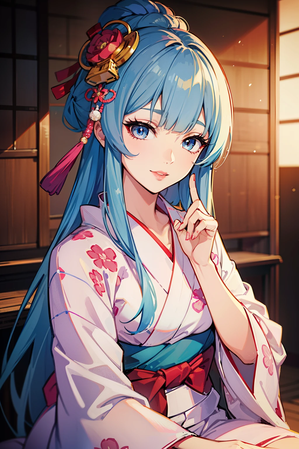 (high-quality, breathtaking),(expressive eyes, perfect face) (((yukata, sexy lips)), 1girl, female, solo, young adult, pale blue hair, pink coloured eyes, stylised hair, gentle smile, long length hair, loose hair, side bangs, japanese clothing, elegant, soft make up, hair pin accessory in hair, oiran, demon slayer art style