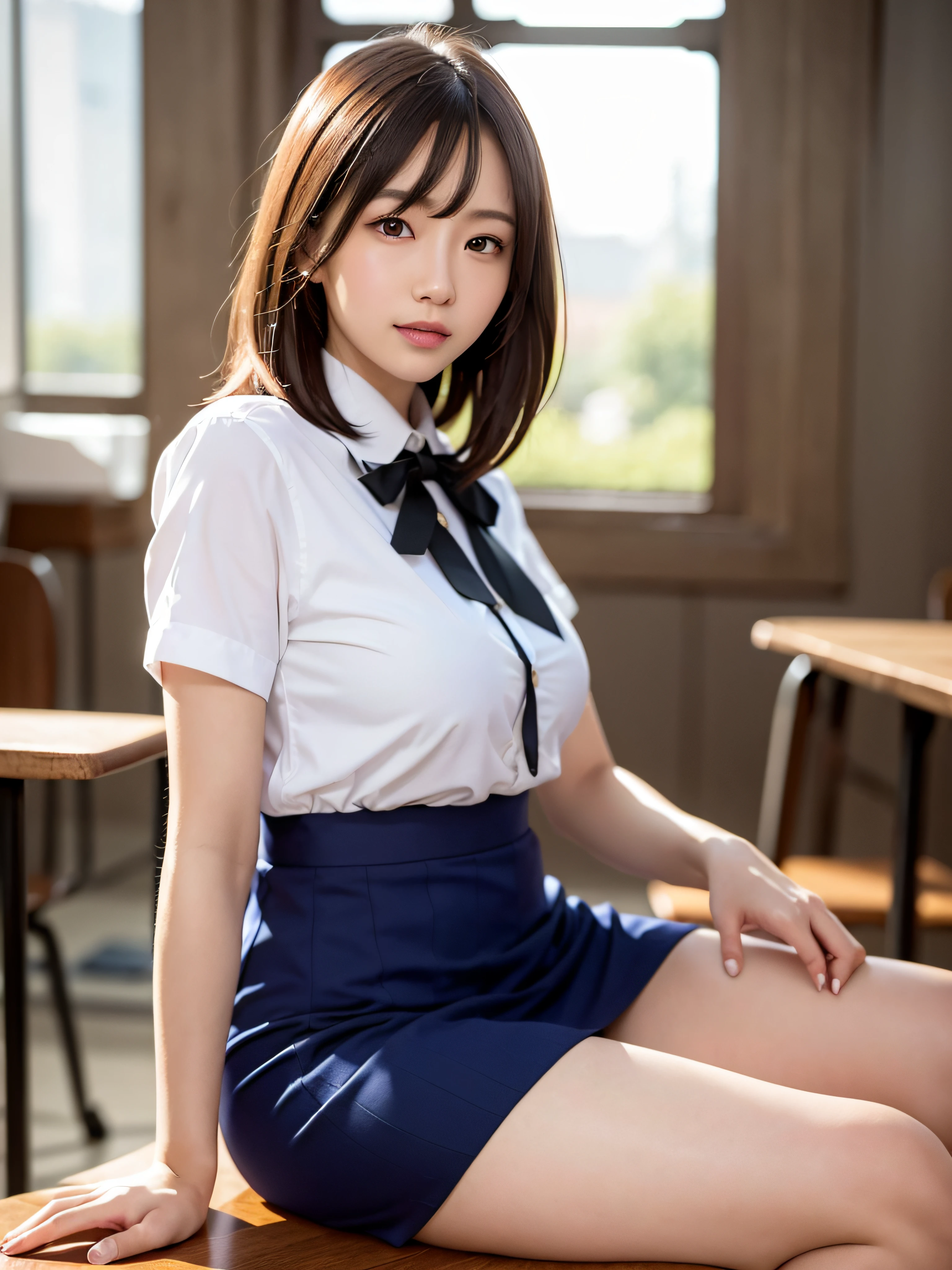 Meisterwerk, Ganzkörperaufnahme, Vorderansicht, junge hübsche Frau in Japan, mit einem breiten Lächeln auf dem Gesicht auf einem Schreibtisch in einem Klassenzimmer sitzen, glamouröse Figur, trägt ein glänzendes weißes Seidenhemd mit Kragen und kurzen Ärmeln, eine glänzende rote Fliege aus Satin, trägt einen langen dunkelblauen Faltenrock, verschwitzter Körper, super süßes Gesicht, glänzende Lippen, Doppelte Augenlider für beide Augen, Natürliches Make-up, glänzendes glattes hellbraunes Haar von Long Bob Hair, asymmetrischer Pony, gebräunte Haut, Bild zentrieren, 8k Auflösung, hohe Auflösung, Detaillierte Frisur, detailliertes Gesicht, spektakuläre Filmbeleuchtung, Oktan-Rendering, beschwingt, ultra-realistisch, Perfekte Gliedmaßen, perfekte Anatomie