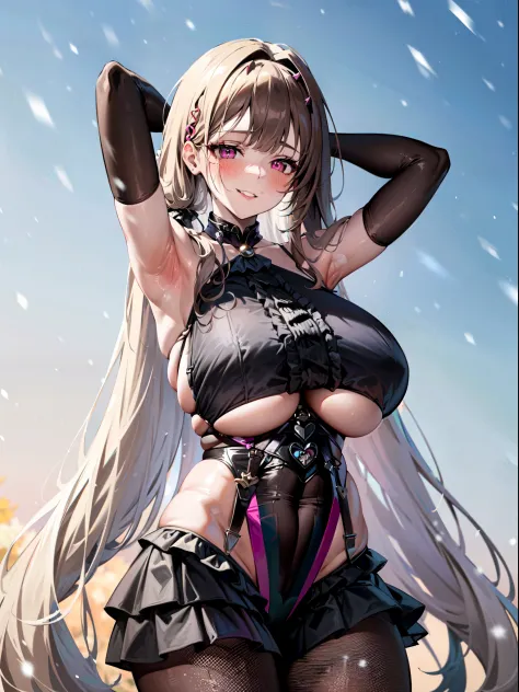 masterpiece, high quality, extremely detailed, 1girl, mature female, solo, (dark brown skin:1.8), viperdef, (huge breasts), (((brown hair, very long hair, twintails, pink eyes, slit pupils))), parted lips, (((outfit-hindenburg, elbow gloves, black gloves, ...