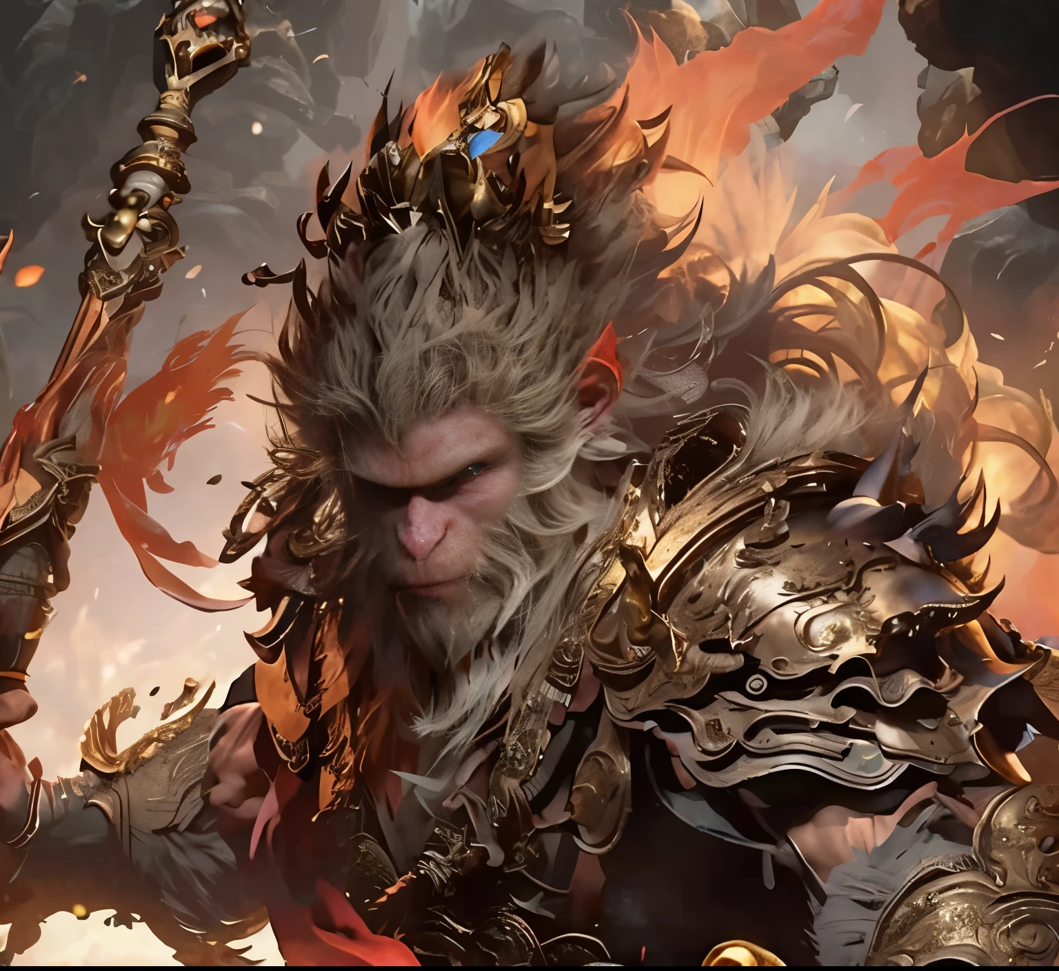 One with a sword on his head、Close-up of man wearing crown, Wukong, Sun Wukong, author：Hero, Monkey king, More, Wop and Rose Tran, ross tran (Ross Tran) and wlop, wop art, author：Yang Jin, drak, 《the original god》Keqing in, fire giant, author：Victor Wang