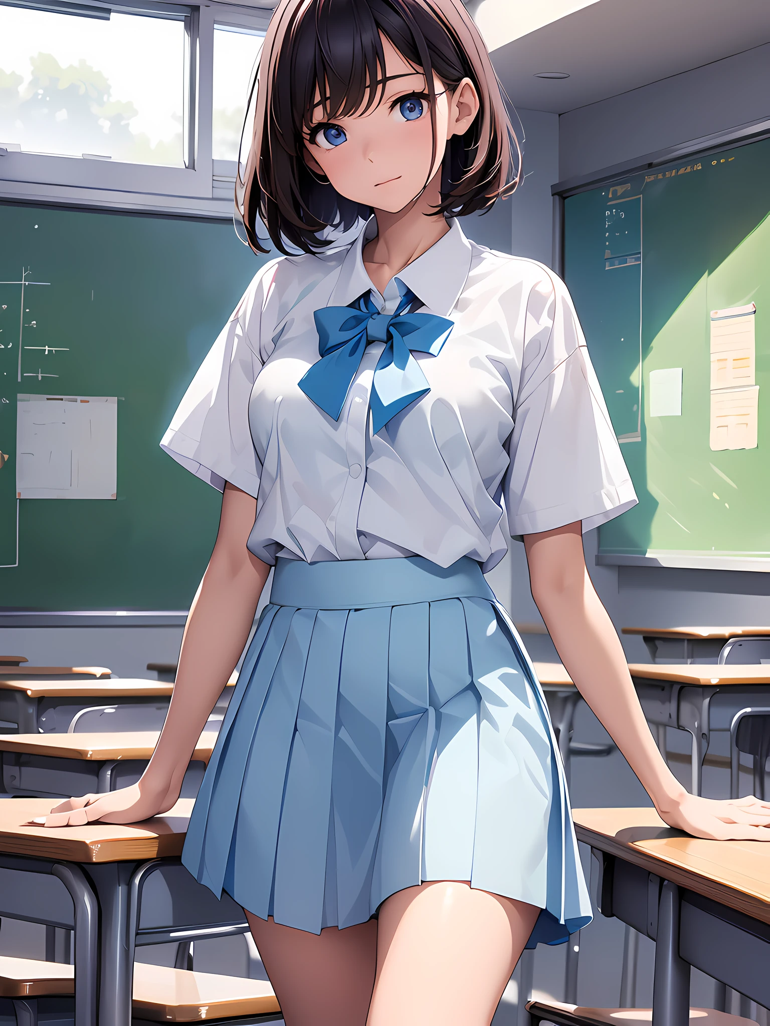 ((best quality)), (masterpiece), 1girl, age 18, (detailed eyes:1.2), student, uniform, white shirt, short sleeves, ((untucked shirt)), (untucked shirt:1.3), light blue skirt, (half body), facing front, towards camera, classroom, school, anime, 4k quality,