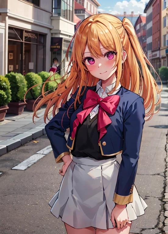 Hoshinolby, 1girl in, Solo, medium breasts, Skirt, Blonde hair, Black vest, Brown Footwear, Bow, School uniform, Long hair, shoes, Jacket, White socks, bowtie, lowfers, blush, knee high, pink bows, grey skirt, Blue jacket, Open jacket, Pink eyes, Shirt, One side up, White skirt, White shirt, Long sleeves, star-shapedpupiloutdoor, Sunny, Daytime, city, Standing Building, Upper body，Black tights