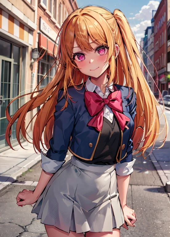 Hoshinolby, 1girl in, Solo, medium breasts, Skirt, Blonde hair, Black vest, Brown Footwear, Bow, School uniform, Long hair, shoes, Jacket， bowtie, lowfers, blush, knee high, pink bows, grey skirt, Blue jacket, Open jacket, Pink eyes, Shirt, One side up, White skirt, White shirt, Long sleeves, star-shapedpupiloutdoor, Sunny, Daytime, city, Standing Building, Upper body，Black tights