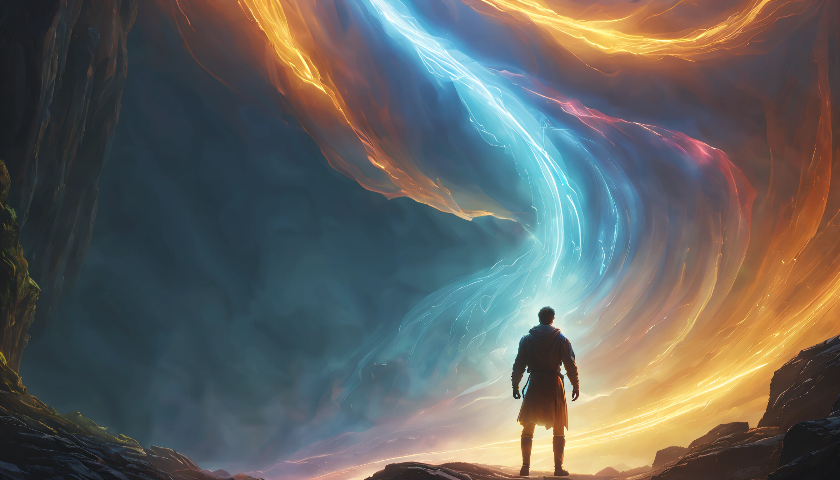 far distant man in a bright glowing aura of light, ascension, UHD, by Aleksi Briclot and Alessio Albi and Alexandre Cabanel, unzoom