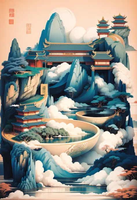 ((tmasterpiece)), ((nice)), ((high detal)), ((actual)), cloud, cloud, blue lake, face, bowl, door, stone ladder to the hill, Tow...
