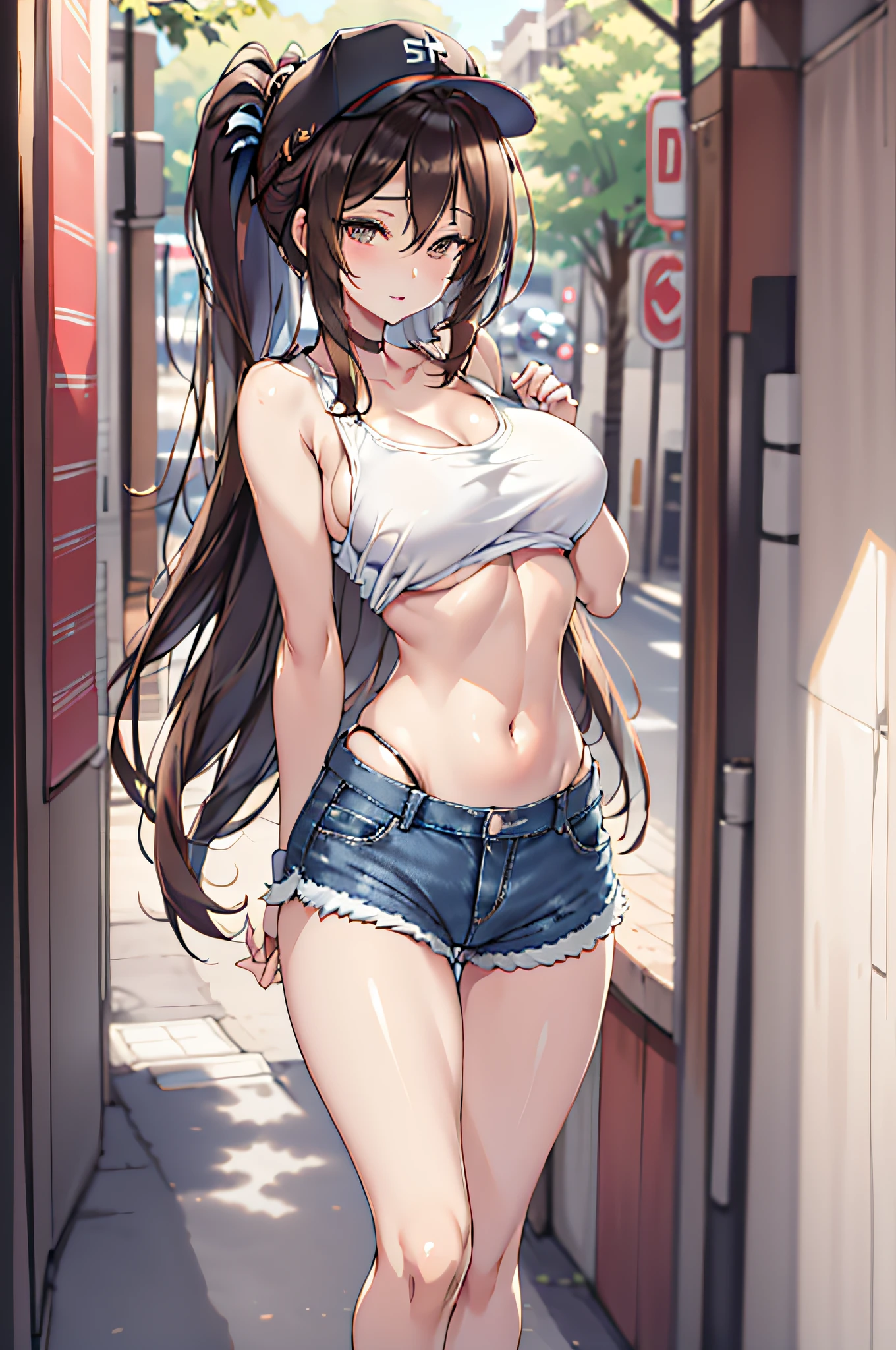 Anime girl in short shorts and a white top walking down a street - SeaArt AI