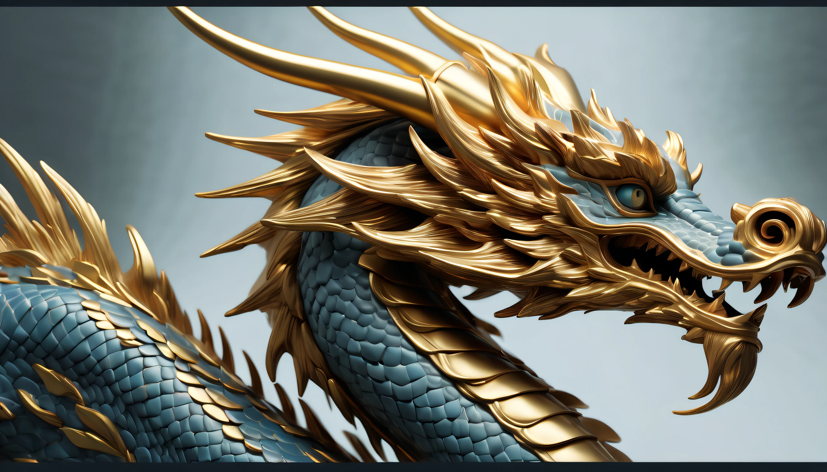 A close up of a dragon statue with a blue and gold dragon head - SeaArt AI