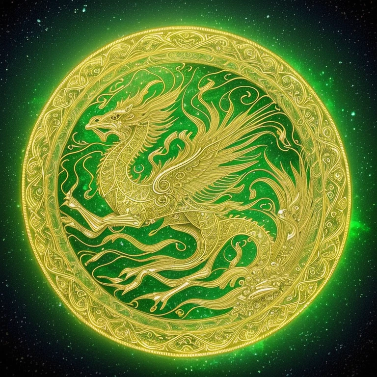 (a majestic chinese dragon),(vibrant green and gold scales),(soaring through the expansive sky),(graceful and powerful),(intricately detailed wings),(long serpentine body),(celestial clouds as a backdrop),(golden glow illuminating its path),(magnificent and mythical),(realm of ancient legends),(fierce and elegant),(symbol of good fortune),(captivating presence),(breathing fire and strength),(awe-inspiring and mythical),(mystical creature with divine powers),(adorned with ornate patterns),(serene and mythical),(mythical guardian of the heavens),(shimmering scales reflecting sunlight),(majestic silhouette against the skyline),(whirlwind of energy and power),(a sight to behold),(ancient and mythical),(ominous yet enchanting),(embodiment of wisdom and nobility),(intricate scale patterns glimmering with every movement),(a marvel of Chinese folklore),(mysterious and revered),(breathtakingly beautiful),(flying through the celestial realm),(serene and commanding),(stunning contrast of green and gold),(exquisite and mythical),(a symbol of strength and prosperity),(awe-inspiring presence),(fly high in the sky, dominating the landscape),(capture the imagination and inspire awe),(awe-inspiring mythical creature),(a living embodiment of ancient tales),(instill a sense of wonder and awe).