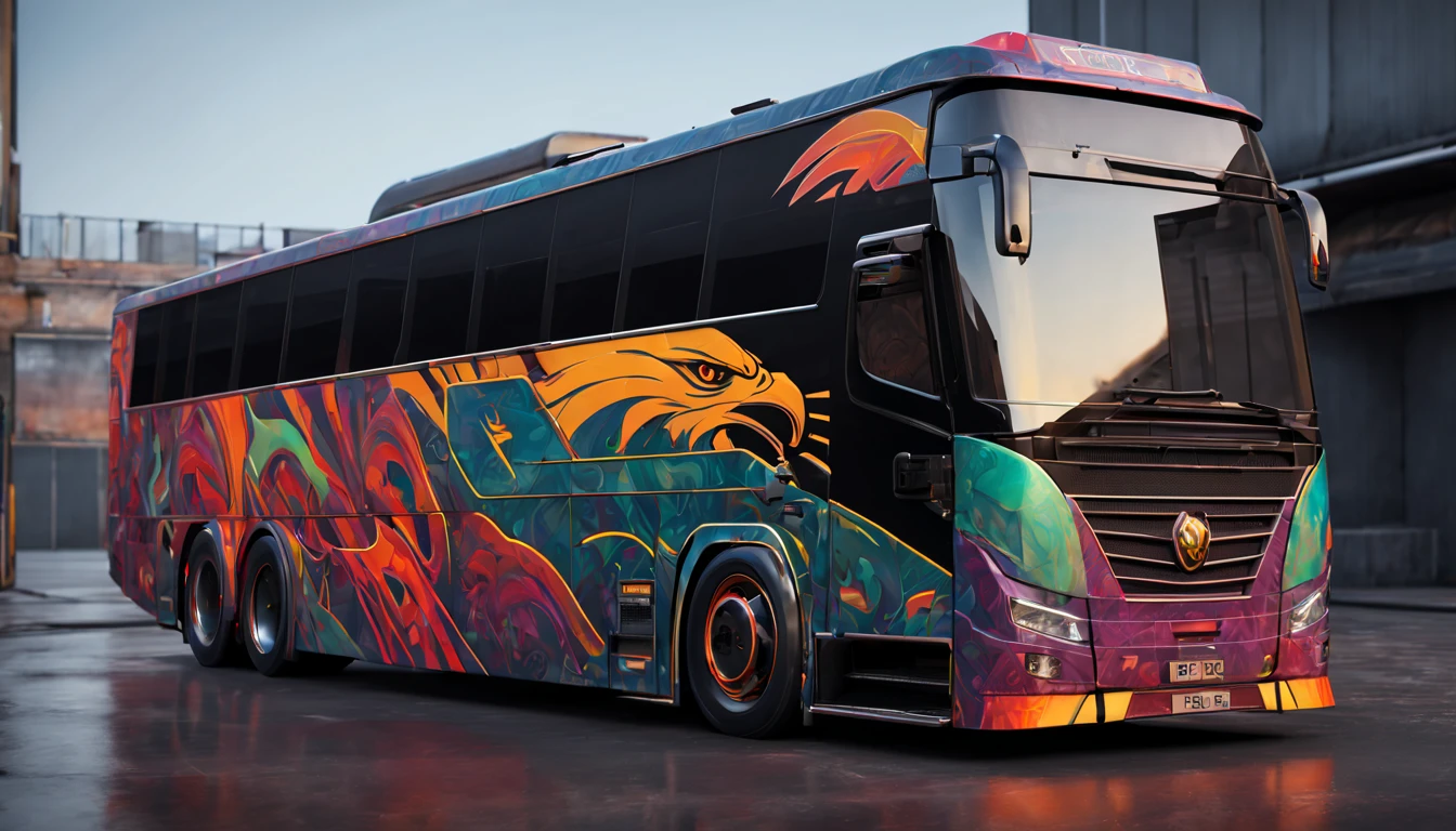 ScaniaP280-B6X2 modified as Long chasis bus with eagle livery, highly detailed symmetrical alloy wheels, neon ambiance, abstract black oil, gear mecha, detailed acrylic, grunge, intricate complexity, rendered in unreal engine, photorealistic detailed matte painting, deep color, fantastical, intricate detail, splash screen, complementary colors, fantasy concept art, 8k resolution trending on Artstation Unreal Engine 5