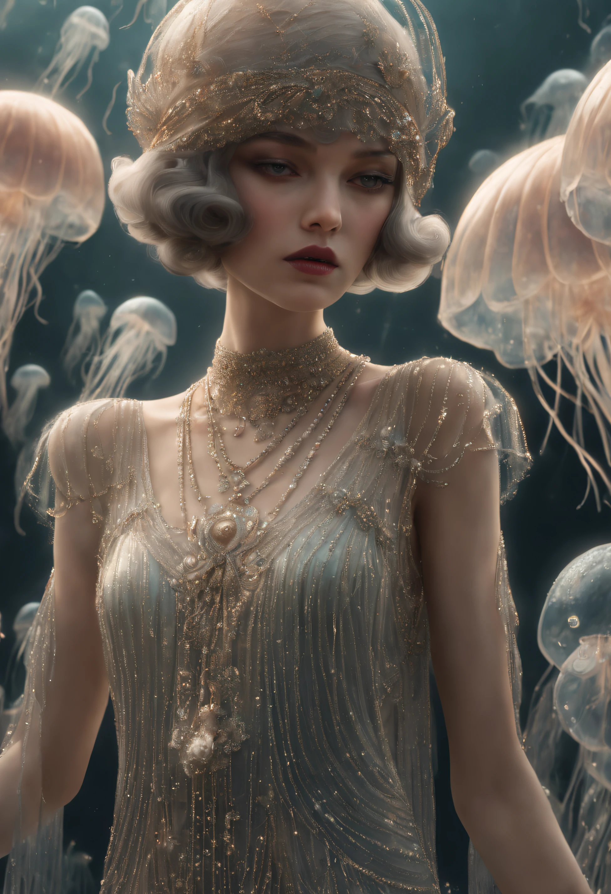 Close up shot, zoomed in shot, 1920s flapper glam gown, Translucent ethereal jellyfish clothing, ultra detailed features, symmetrical details, 48K clothing details