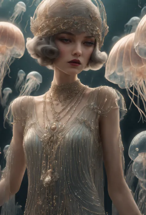 close up shot, zoomed in shot, 1920s flapper glam gown, translucent ethereal jellyfish clothing, ultra detailed features, symmet...