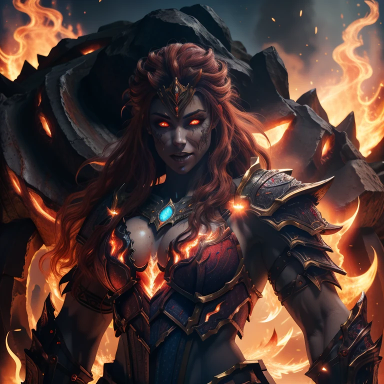 RAW photo, (high detailed skin, detailed eyes:1.1), intricate details, best quality, 8k uhd, soft lighting, fire giant, 1girl, armor, red hair, breastplate, colored skin, flaming eye, full armor, glowing eyes, molten rock, orange hair