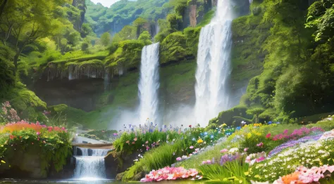 a close up of a majestic waterfall with a bunch of flowers in the foreground, flowers and waterfalls, beautiful waterfall, beaut...