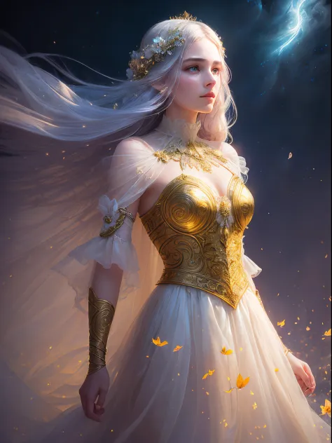 a woman as beautiful as a god，White complicated gauze skirt，fairytale-like，Complicated details，gold embroidery，Facing the shining golden light，intricate face details，Eyes slender and elegant，White gauze covers eyerunette color hair，Red lines between eyebro...