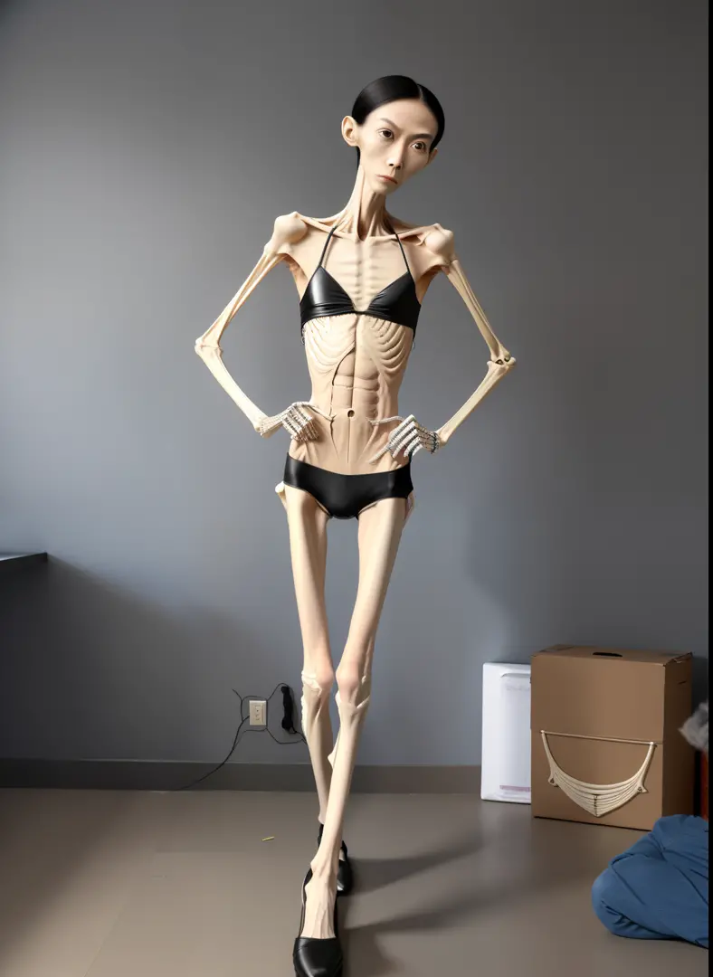 extremely thin woman, A thin body，Protruding sternum，The waist