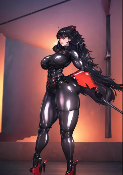 Standing at attention, saluting, raven branwen , 1girl, black rubber suit, (extremely glossy latex), (dazed in a trance:1.5), stoic, (rubber mask, ballgag))), headset,
Black_hair ,Very_long_hair,red_EYES,Bangs, (platform_heels:1.6)
20yo,Young female,Beauti...