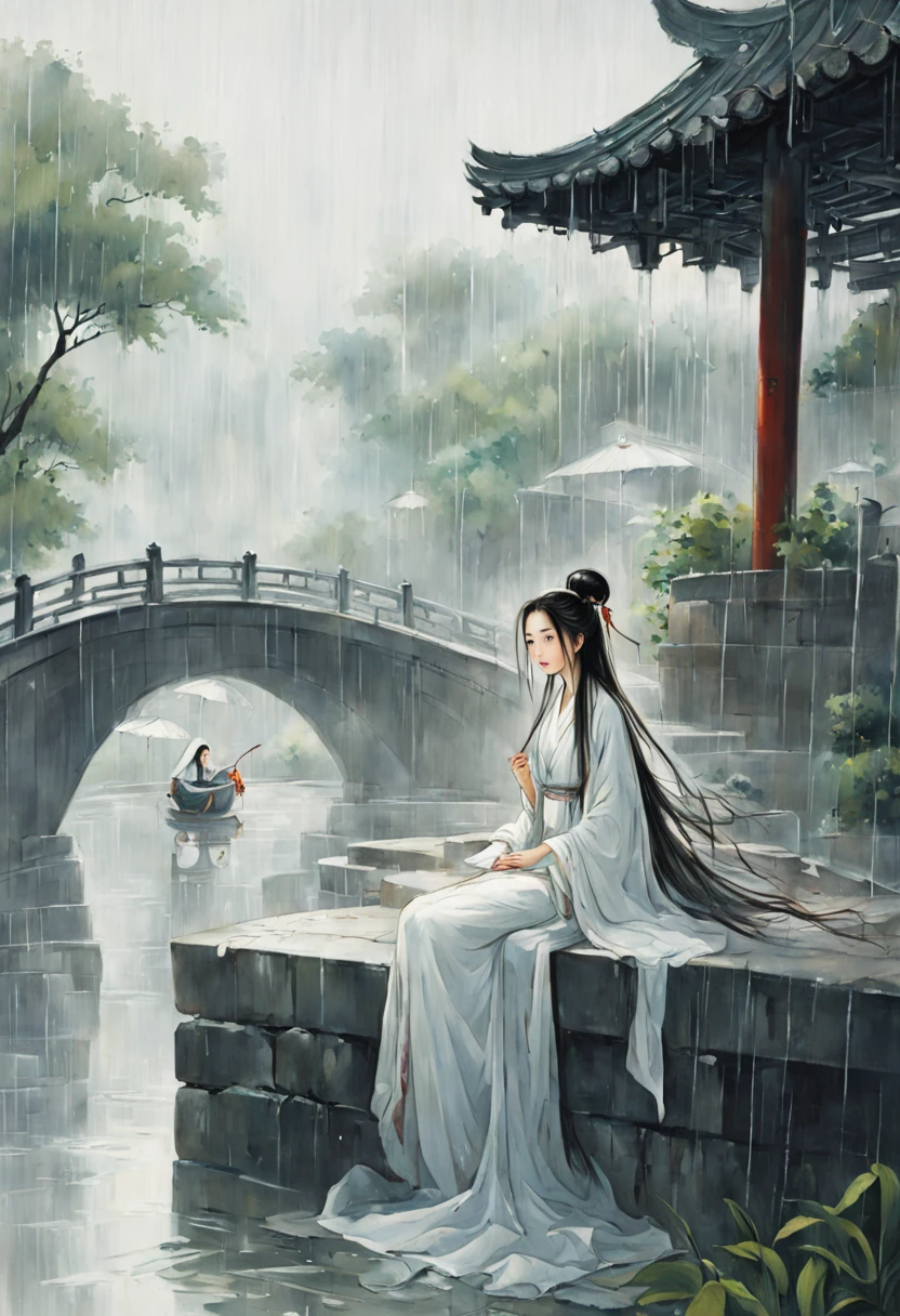painting of ancient china, jiangnan, summer, rain, 1 girl with long hair, white clothing, long flowing robes, umbrella, sitting near a bridge