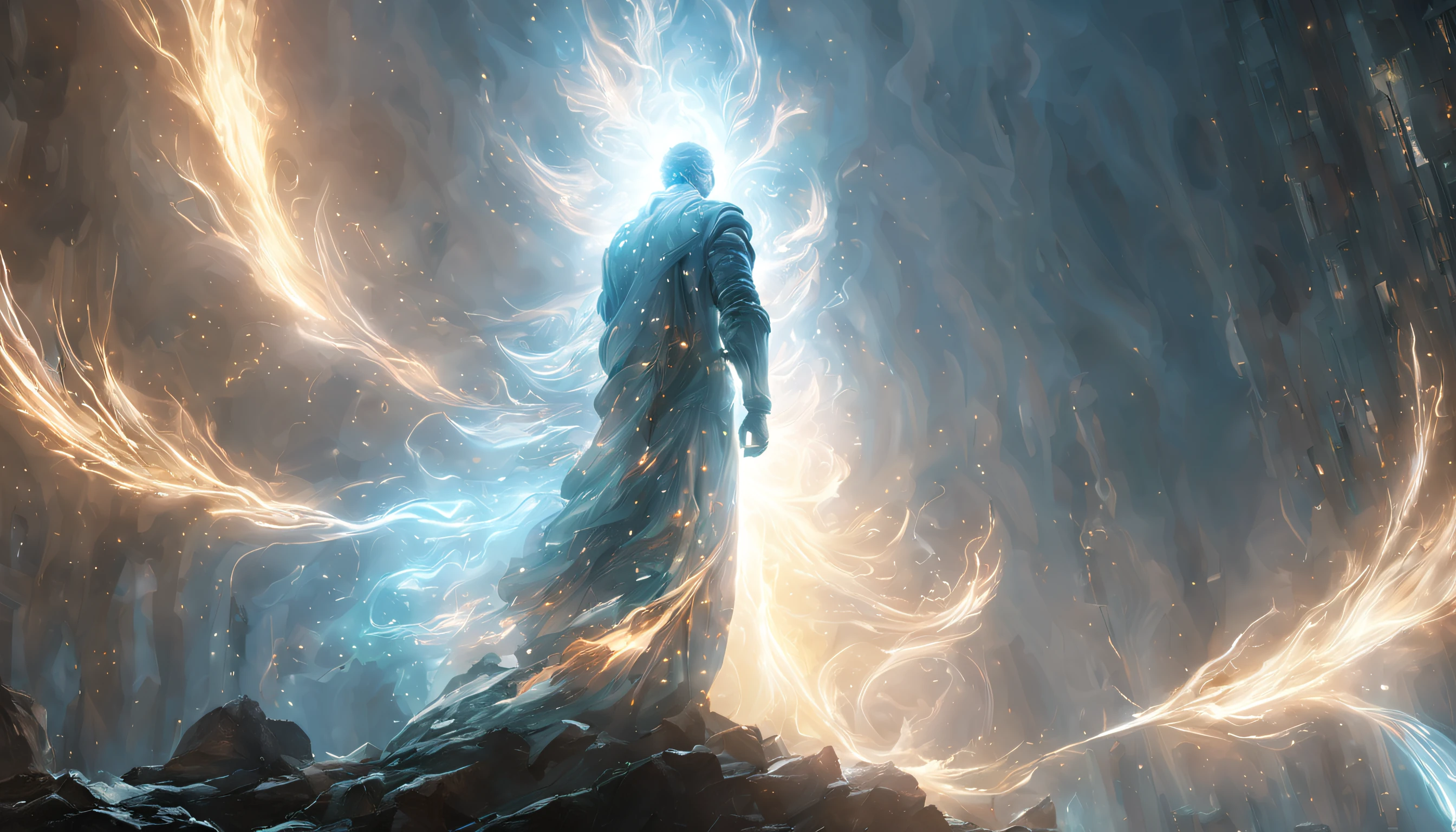 far distant man in a bright glowing aura of light, view from behind, ascension, UHD, by Aleksi Briclot and Alessio Albi and Alexandre Cabanel, unzoom