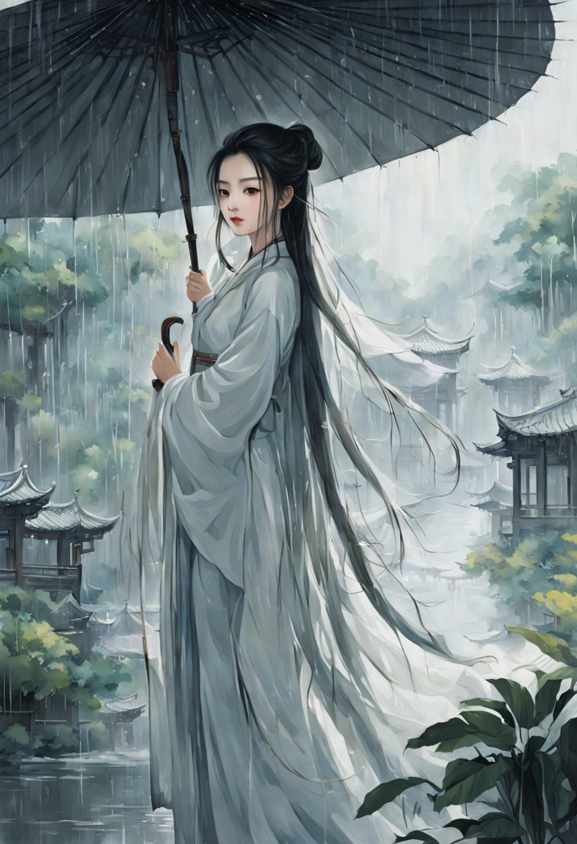 painting of ancient china, jiangnan, summer, rain, 1 girl with long hair, white clothing, long flowing robes, umbrella