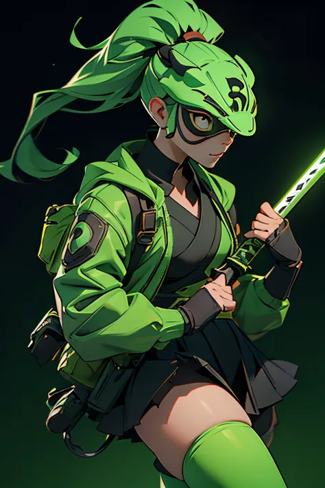 Woman, superhero, with katanas, bunny mask, dressed as schoolgirl, dark background, gren flashes, green lines, green lights, bac...