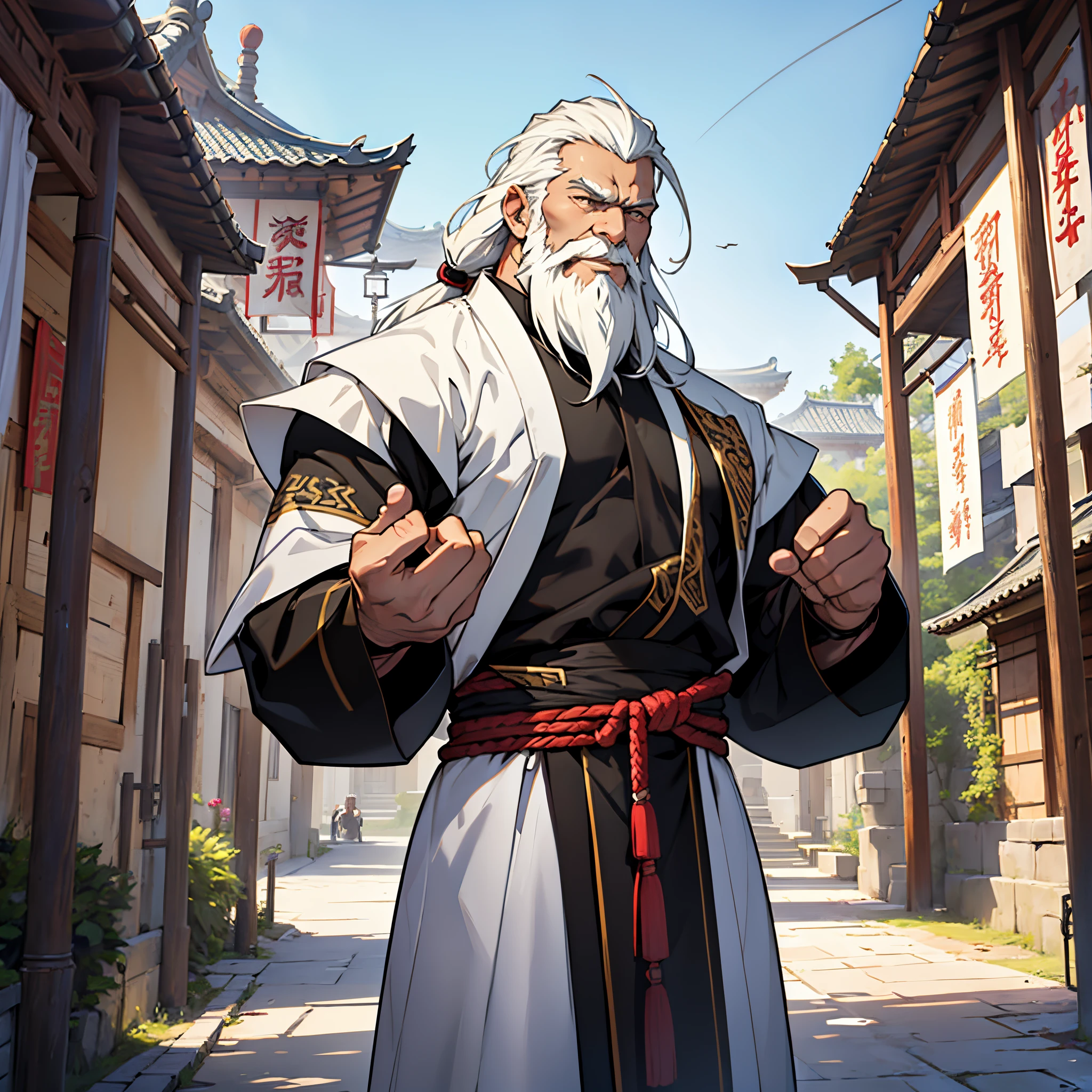 杰作, 最好的质量, 详细的, 电影学, 4k, 背景:中国古城里的亭子前, 黑色的&穿着白色传统服装和盔甲, 一位肌肉发达的老者，绝对是武术高手.(很长的头发和很长的胡子) , 很酷的姿势