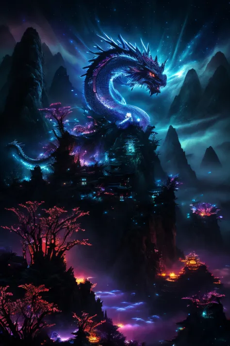 chinese dragon, majestic night, detailed scales, glowing eyes, swirling clouds, powerful presence, mystical aura, mystical artwork, traditional artistry, vivid colors, atmospheric lighting, ((night))