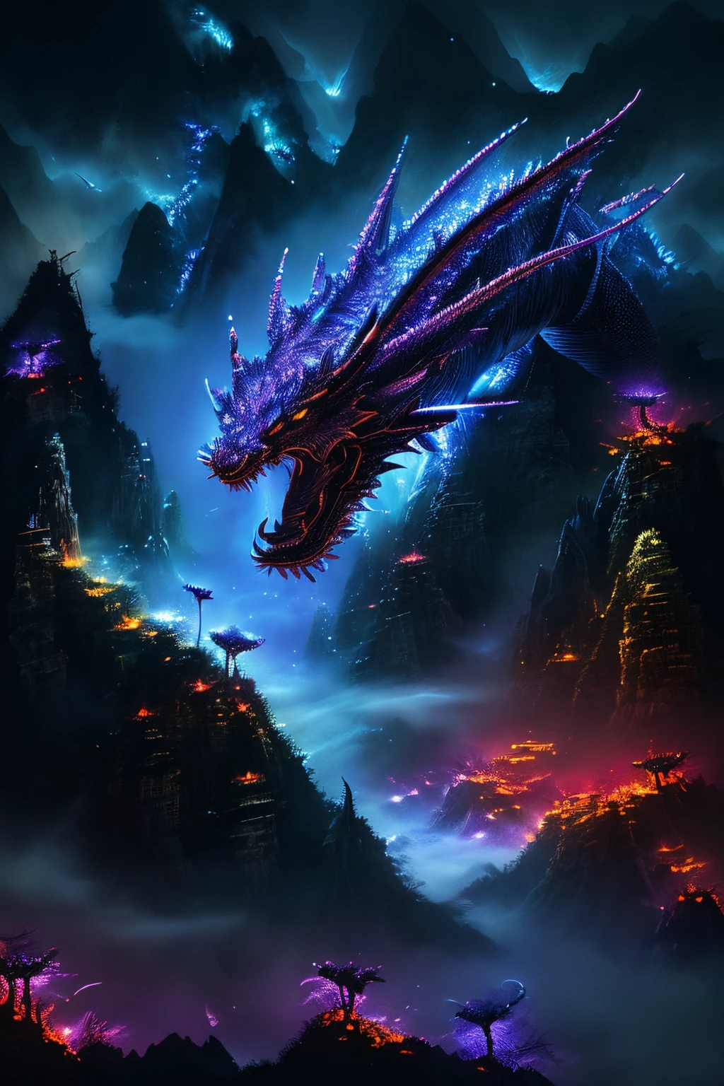 chinese dragon, majestic night, detailed scales, glowing eyes, swirling clouds, powerful presence, mystical aura, mystical artwork, traditional artistry, vivid colors, atmospheric lighting, ((night))