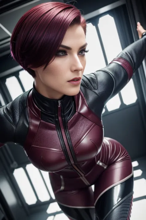 4k highly detailed realistic female supervillain dressed in cropped carbon fiber, burgundy hair in a short undercut bob hairstyl...