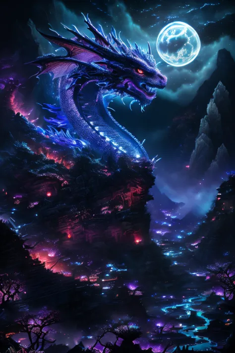 Chinese dragon girl, majestic night, detailed scales, glowing eyes, swirling clouds, powerful presence, mystical aura, mystical artwork, traditional artistry, vivid colors, atmospheric lighting, ((night))