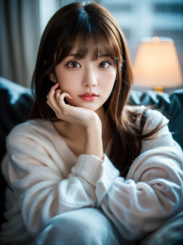 Highest Quality, ​masterpiece, unbelievably beautiful, very delicate 8k wallpaper, Transcendently Beautiful Girl, girl watching tv on the sofa, japanese, 20 year old,  sexy pajamas, wariza,Cute and very detailed eyes, Cherry-heart-shaped lips, ((room at night)), ((dark light)), dark ilumination, Detailed eyes, detailed facial features, detailed arms, Detailed fingers, Detailed legs