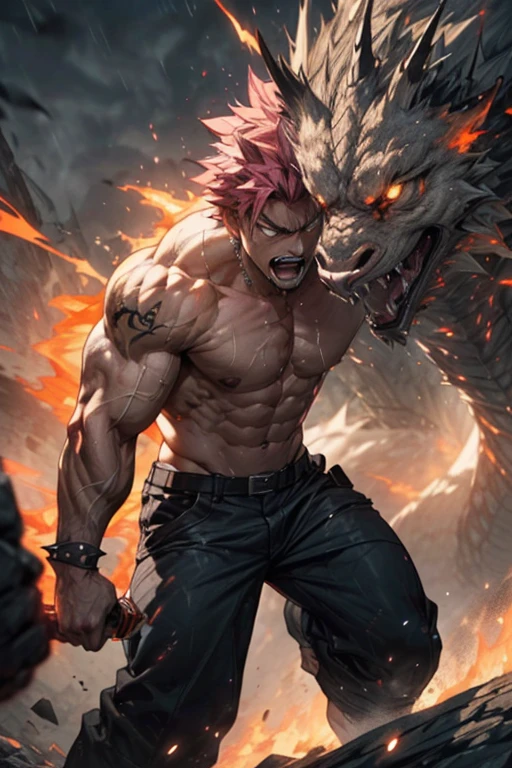 (Natsu Dragneel),angry expression,(violent,vigorously,knock down:1.2) a (huge,gigantic,enormous) dragon, with (sharp,pointy) (claws,fangs) and (scaly,rough) skin. Natsu has a (muscular,fit,buff) body, (ripped,six-pack,toned) (abs,stomach), defined (biceps,triceps), and (strong,powerful) (legs,thighs). He is (wearing,dressed in) torn (black,ragged) pants and is (topless,bare-chested). His (wild,spiky) (pink,rosy) hair (stands up,strands fly) in the (wind,breeze). Natsu is in an (action,powerful) pose, (lunging,leaping) forward with all his (strength,might). He is (holding,wielding) a (flaming,burning) (sword,blade) in his (right,left) hand, ready to strike. The (dragon,scaled beast) is (roaring,snarling) (fiercely,violently), breathing (fire,flames). The (scene,background) is (dark,gloomy), with (ominous,threatening) clouds and (smoke,mist) swirling around. The (lighting,atmosphere) is (intense,dramatic), (accentuating,highlighting) the (fiery,passionate) battle. The (colors,tone) are (vibrant,bold), with (shades,hues) of (orange,red), (yellow,gold), and (black,dark) dominating.