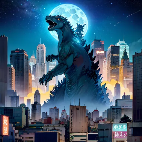 Several Godzillas are destroying the night city, Godzilla are dressed ...